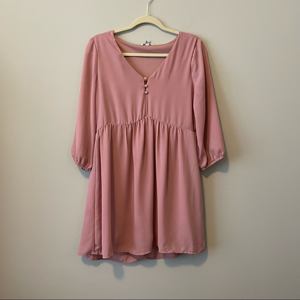 A.U.W Pink Babydoll Long Sleeve V-neck Dress Size Small